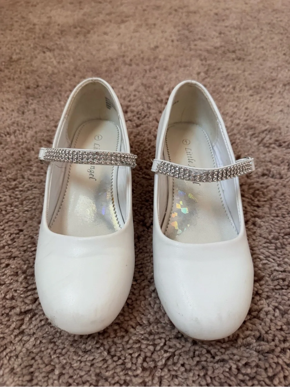 Girls' White Rhinestone Strap Dress Shoes